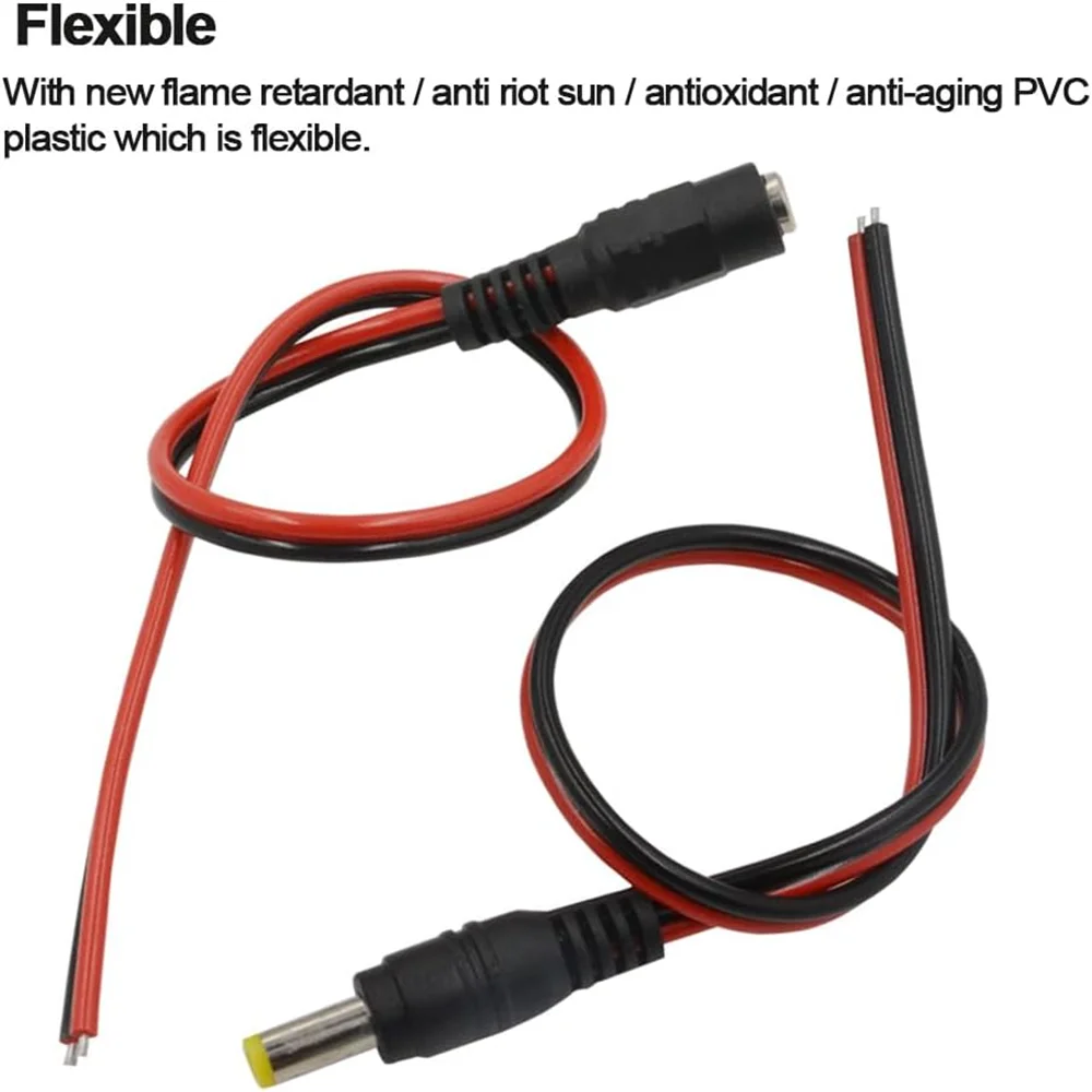 12V 5A DC Power Pigtail Barrel Plug Connector Cable, 2.1mm X 5.5mm Male Female DC Pigtail Connectors for CCTV Security Camera