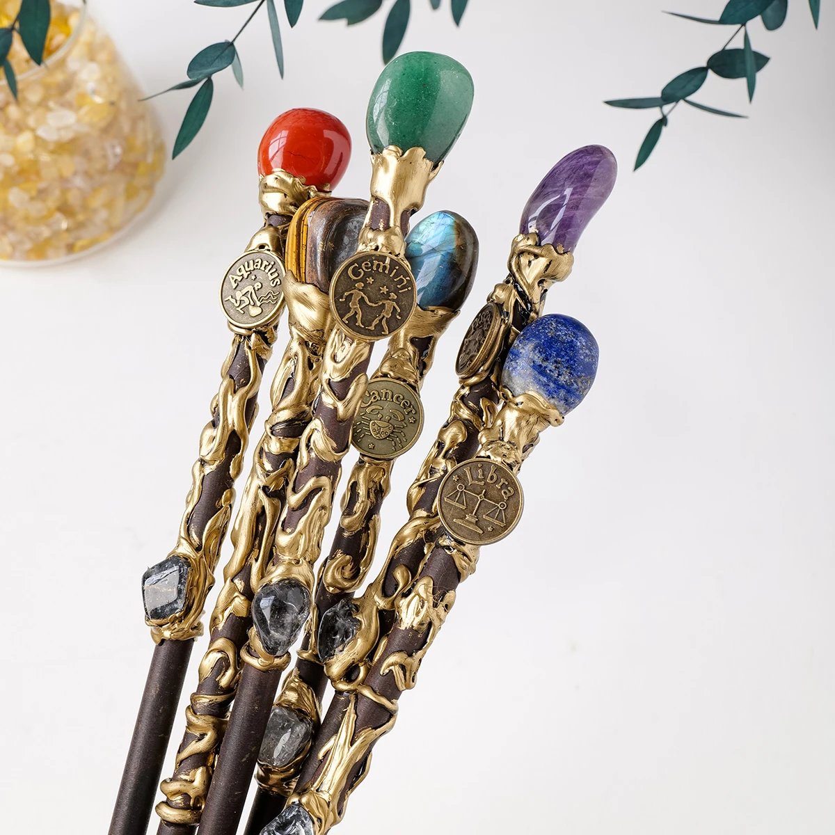 1PC 12 Zodiac Signs Natural Stones Magic Scepter Amethyst Citrine Fairy Lucky Gem Scepter Props Accessories