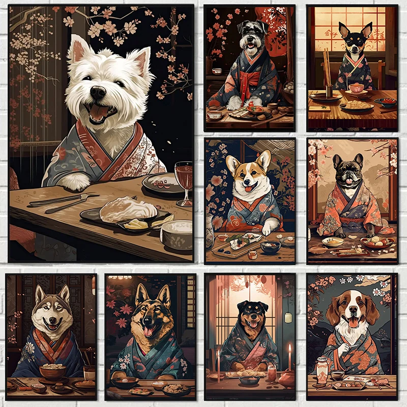 Retro Japan Style Dog Eating Japanese Food Poster Prints Canvas Painting Animal Wall Art Picture Kitchen Dining Room Home Decor