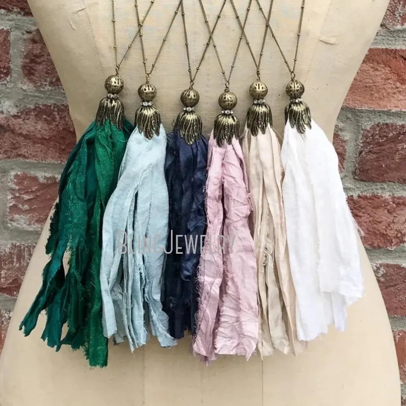 

NM18276 Romantic Shabby Boho Chic Holiday Fashion Gift Sari Silk Tassel Necklace Mix Color Brass Chain Jewelry For Women