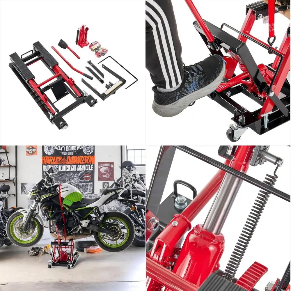 

Портативный стальной подъемник для мотоциклов грузоподъемностью 1500 фунтов с колесами, ручкой и гидравлической системой с ножным управлением