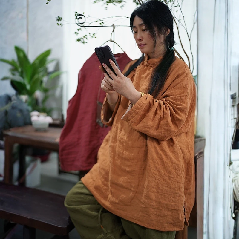 

100% Linen Women Casual Blouse Shirt New 2026 Spring Chinese Style Mandarin Collar Solid Color Female Long Sleeve Tops M2471