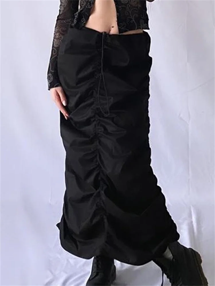 CHlearSTYLE-Jupe longue froncée taille haute Y2K, bas maxi, monochromatique, décontracté, fête, wlwear, été, 2022 mn