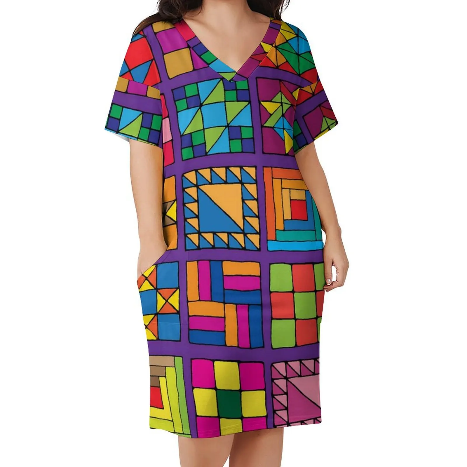 Retro Color Block Dress V Neck Patchwrok Print Kawaii Dresses Womens Basic Custom Casual Dress With Pockets Big Size