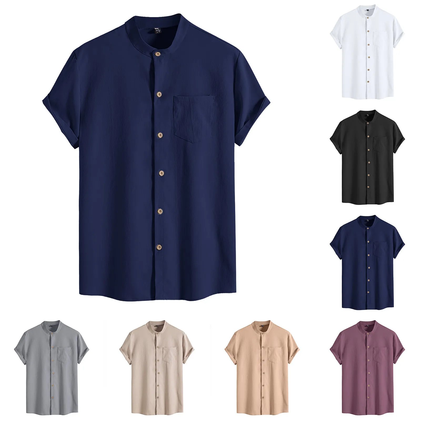 

Retro Shirt Men Cotton Linen Tops Short Sleeve Hawaiian Button Cardigan Blouses Turn-down Collar Fashion Breasted Soild Shirts