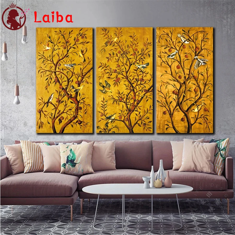 5D Diamond Embroidery Chinese japanese style rich tree bird Diamond Painting Full Square Mosaic Cross Stitch Handmade Gift 3pcs