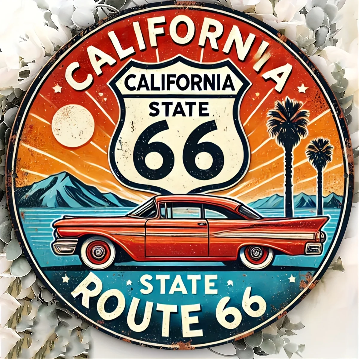 لافتة معدنية مسطحة مطبوعة 2D 7.8X7.8 بوصة (20 × 20 سم) 2D، لافتة معدنية عتيقة طريق كاليفورنيا 66 - لوحة فنية جدارية كلاسيكية مستديرة، مثالية f