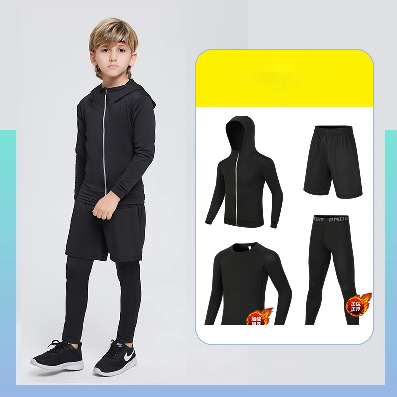 4 Piece Sports Suits for Teenager Boys Compression Fitness Running Training Gym Outfits (Long Sleeve Top Leggings Shorts Jacket)