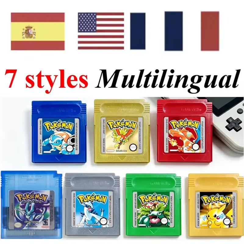 Paquete de Cartuchos Pokémon USA ESP FRA GBC Rojo/Azul/Cristal/Dorado/Plateado/Amarillo/Verde, Tarjeta Multilingüe, Tarjeta de Juego Pokémon