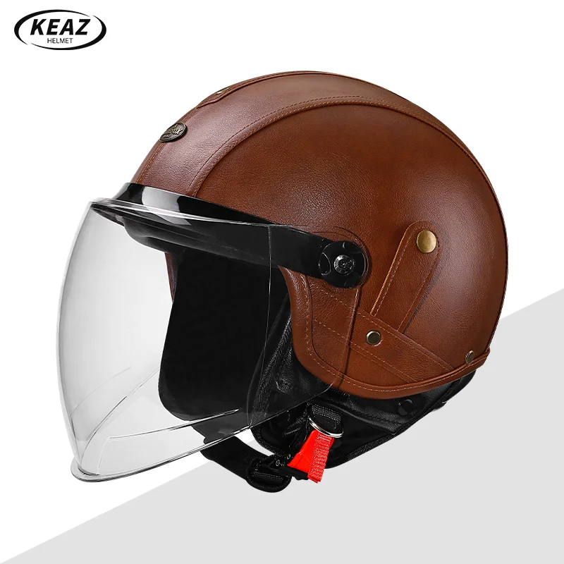 

Authentic Brown Leather 3/4 Open Face Motorcycle Helmet DOT Certified with Long Lenses for Adult Man and Woman Off-Road Riding