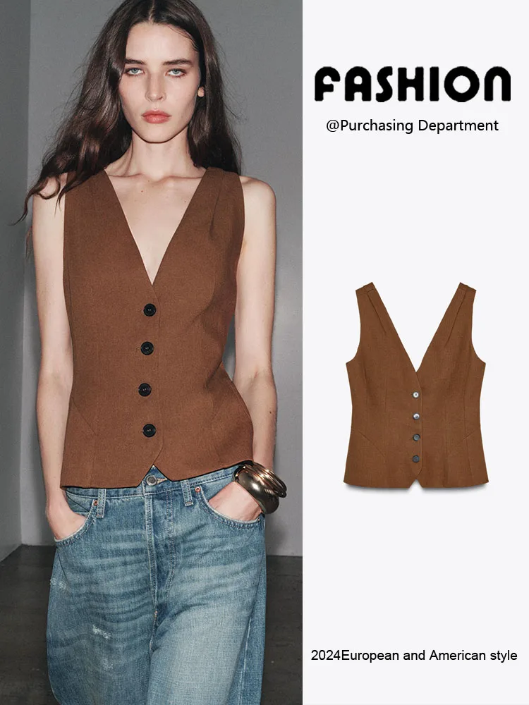 

Летний женский жилет свободного кроя из смесовой ткани, новинка 2025 года, на одной пуговице, с V-образным вырезом, универсальный, модный, в этническом стиле