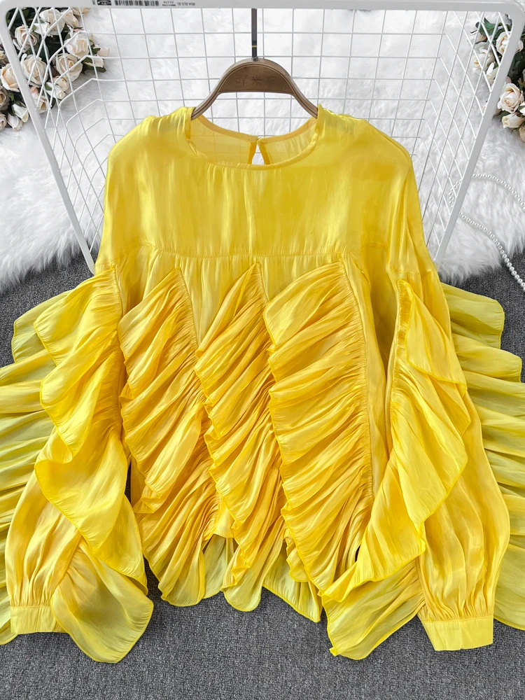 OCEANLOVE Candy Color Solid Loose Blusas Mujer Vintage Ruffles Iregular Ins Fashion Women Blouses Elegant Korean Shirts