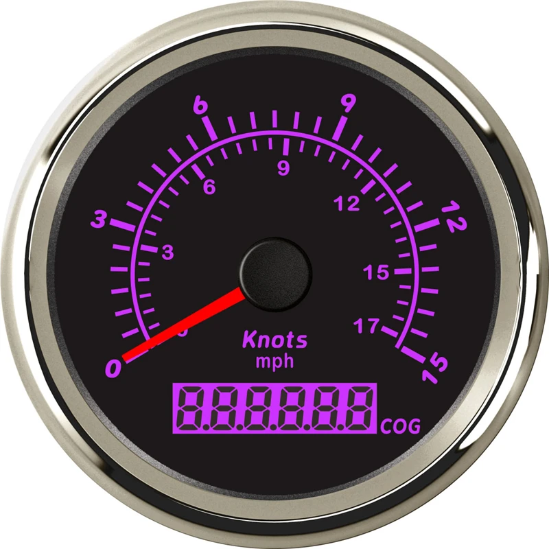 

New Arrival 0-15Knots Show GPS Speedometers 85mm 0-17Mph Pointer Speed Gauges Instrument with Purple Backlight for Boat Yacht