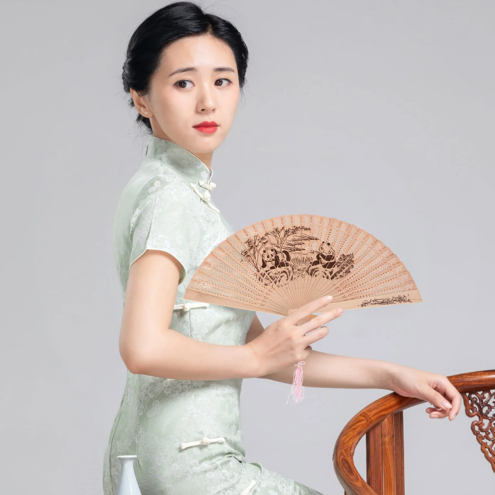 

Sandalwood Foldable Handheld Fan Hollow Design Durable Classic Vintage Chinese Style Perfomance Stage Use Elegant