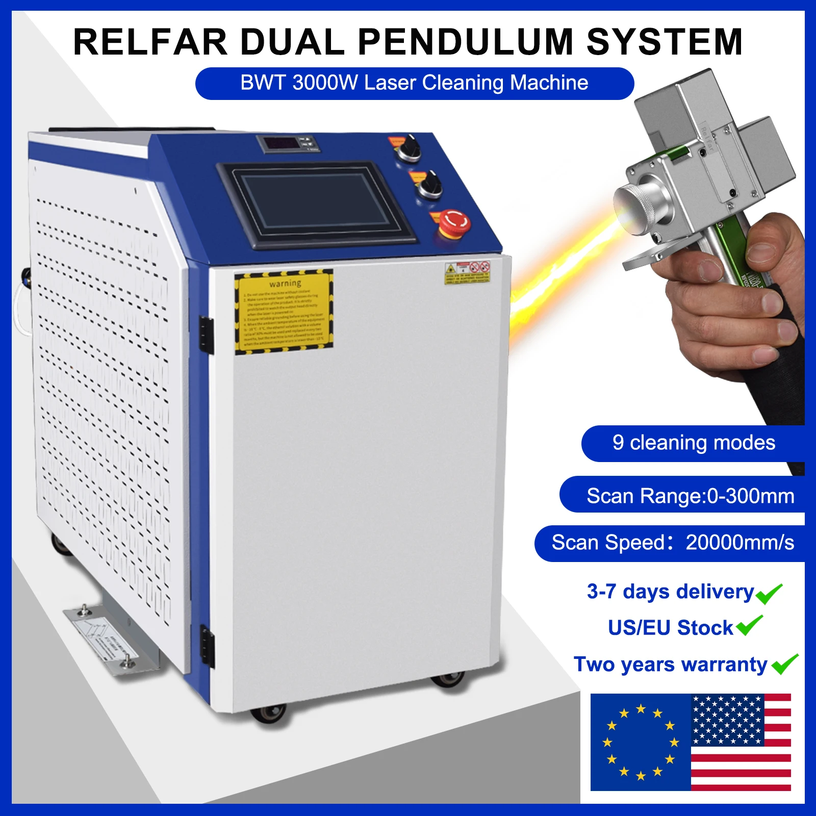 US/EU BWT 3000W 380V Handheld Laser Cleaner 20000mm/s Industrial Rust Removal, No Damage to Substrate Wheels 360 Degree Swivel