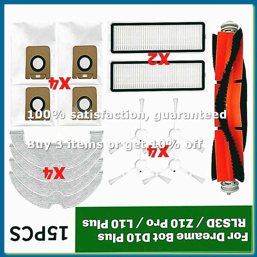 For D10 Plus/RLS3D/Z10 Pro/L10 Plus Spare Parts Main Roller Side Brush Hepa Filter Mop Cloth Dust Bag Accessories-A009