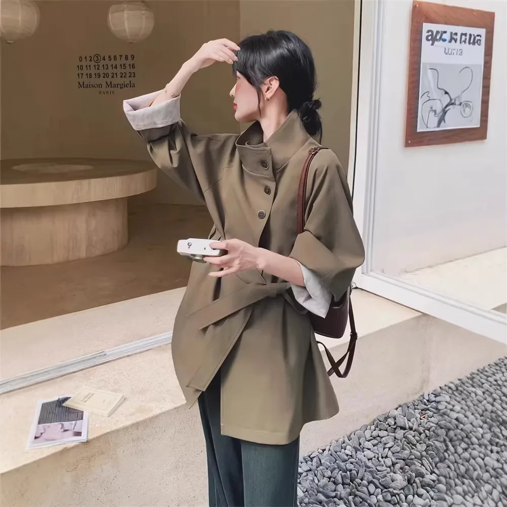 

Женские пальто SuperAen цвета хаки с воротником-стойкой, новые элегантные модные пальто средней длины с завязками на талии для весны и осени