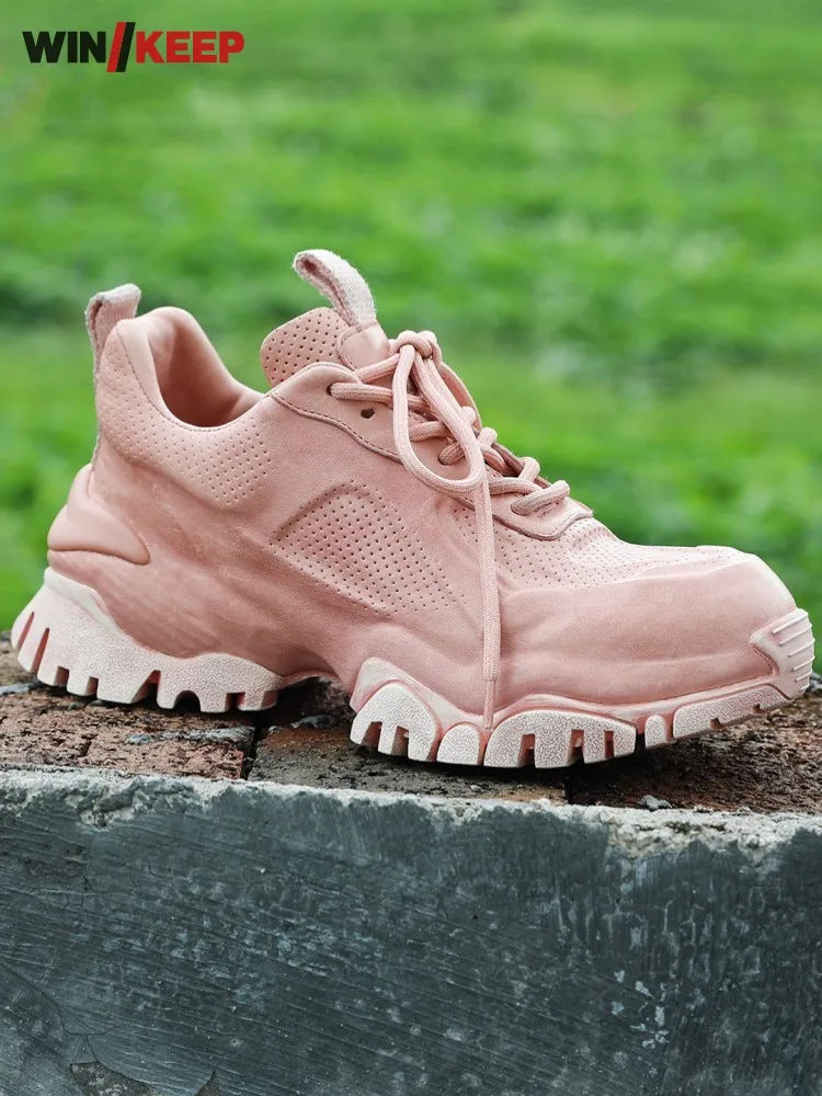 Outdoor Athlete Women Running Shoes Breathable Horsehide Genuine Leather Sports Shoes Antiskid Thick Platform Training Sneakers