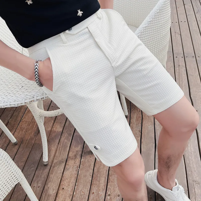 Men Summer Shorts Korean Fashion Business Shorts Casual Chino Shorts Office Waffle Breathable Summer Clothing Solid Color 36