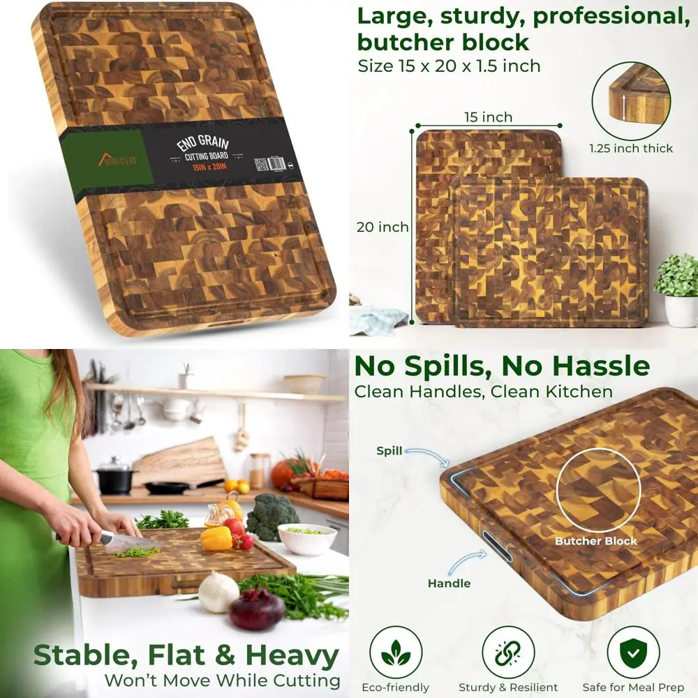 

Acacia Wood End Grain Cutting Board 20x15x1.25 - Large Chopping Block with Sorting Compartment and Juice Grooves for Butcher Use