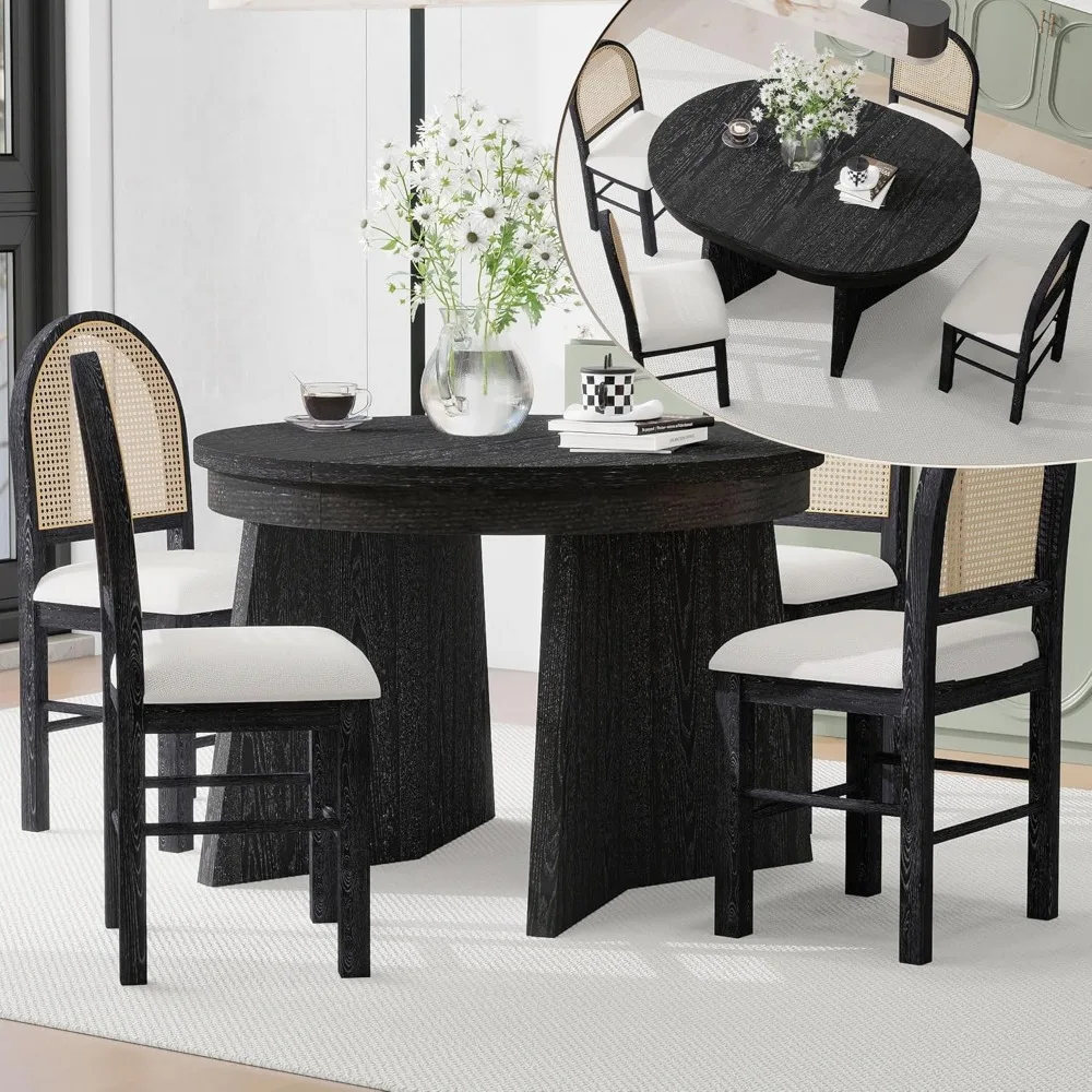 

Round Extendable Dining Table Set, Retro Dining Room Set Round with 4 Chairs, 42"-58" Table and Chairs Set, 5-Piece Kitchen Tabl
