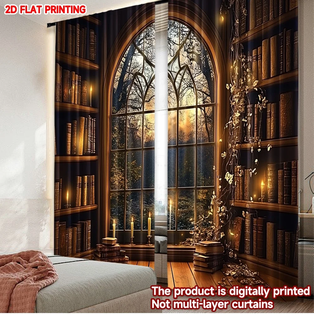 

2pcs Arch Window Forest Library Curtains Cozy Bookshelf with Mysterious Dark Woods View, Single Layer Realistic Scene