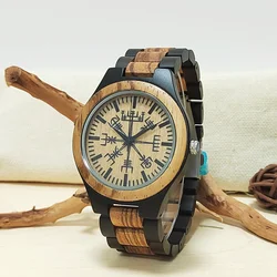 Wooden Wrist Watches Man Viking Symbol Element Clock Personalized Anniversary Gift for Husband Men's Wood Quartz Wristwatches