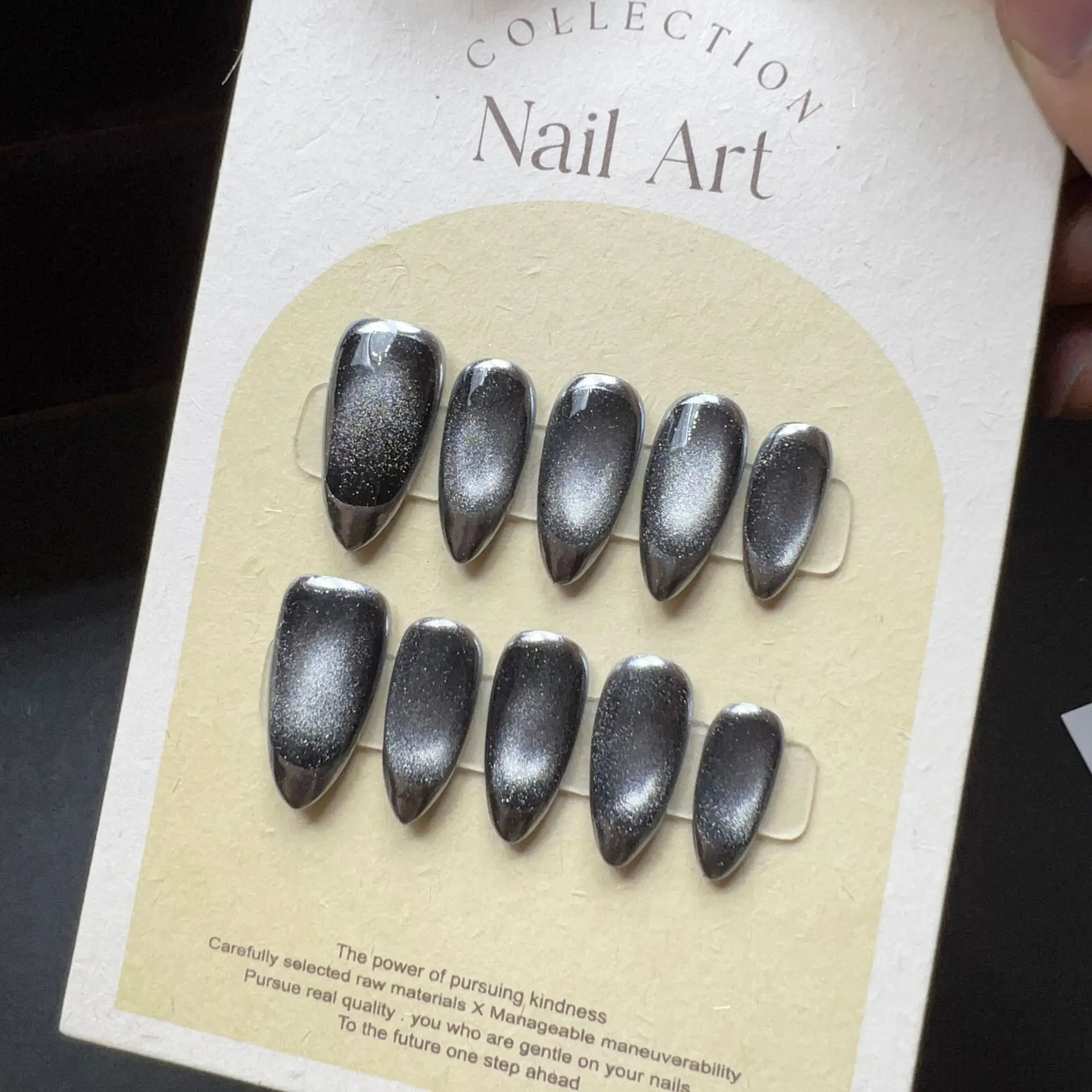 10Pcs Black Almond Handmade Press On Nails Full Cover Pearl Mini Flower Design Fake Nail Sztuczny Manicure Wearable Fake Nails