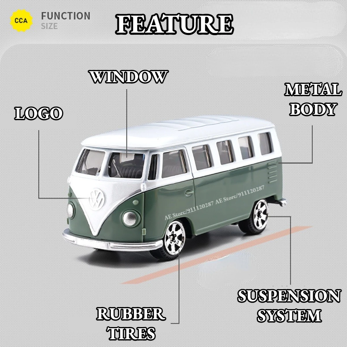 Scale 1/64 Metal Mini Car Model, VOLKSWAGEN T1 BUS Replica Miniature Art Vehicle Diecast Collectible Toy for Kid Boy