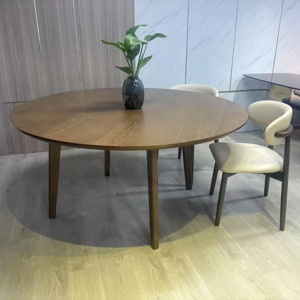 

Modern luxury solid wood dining table with black walnut round design, suitable for home or hotel waterproof and