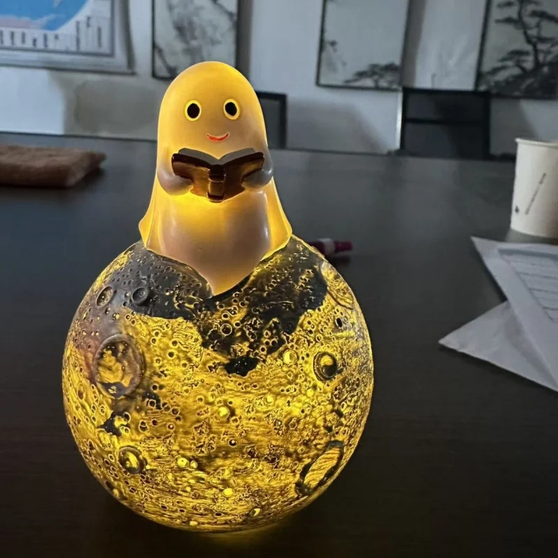 Cute Glowing Ghost Guitar Player Resin Ornament LED Warm Lamp Halloween Ghost Statue Desktop Nightlight Decor Bedroom Decoration