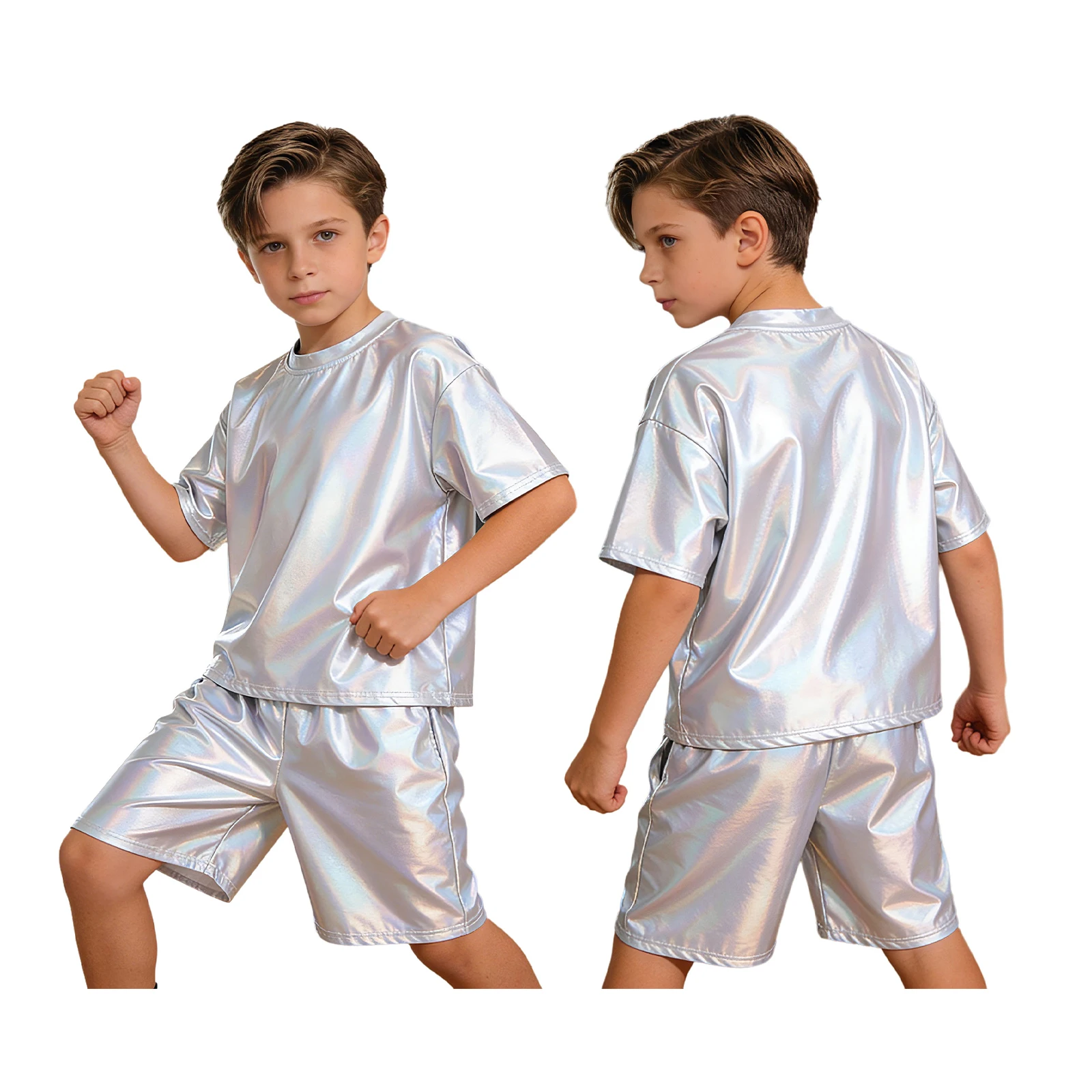 Boys 2 Pieces Metallic Outfit Hip Hop Jazz Dance Costume Round Neck Short Sleeve T-shirt with Shorts for Stage Performance Party