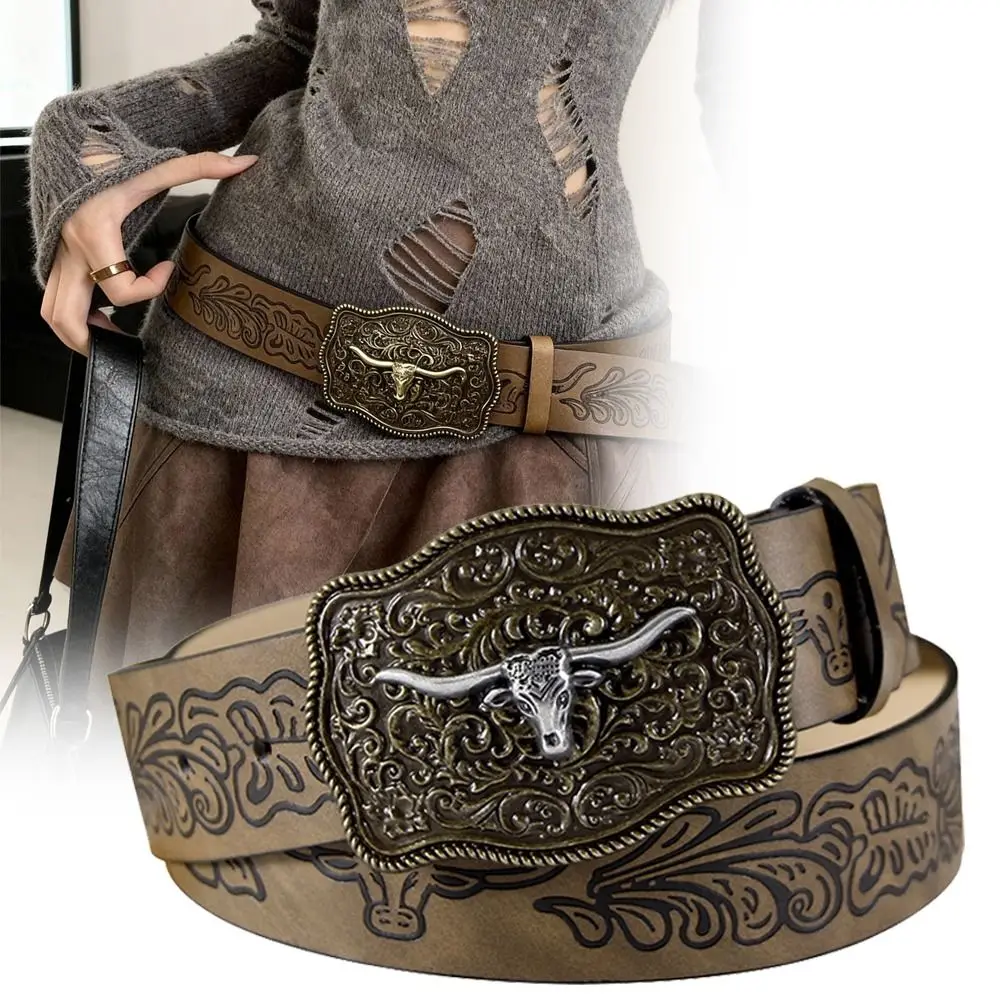 Trendy Carved Western Cowboy Belt Retro Vintage PU Leather Belt Cow Head Buckle Embossed Belt For Man Women