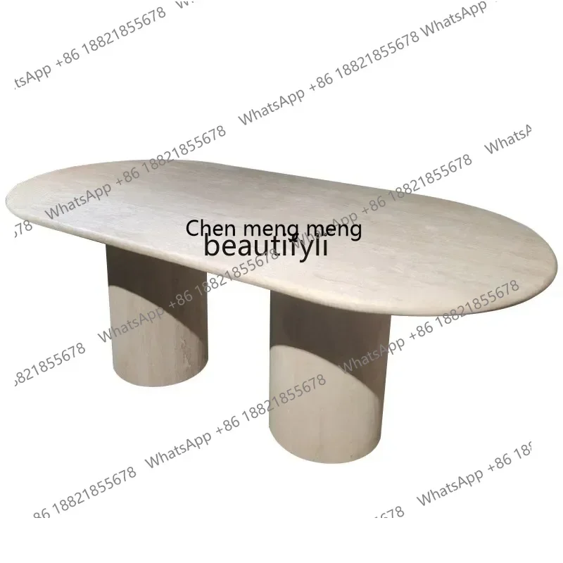 

182Natural Cave Stone Dining Table Design Oval Marble High-End Long Table Dining roundQ