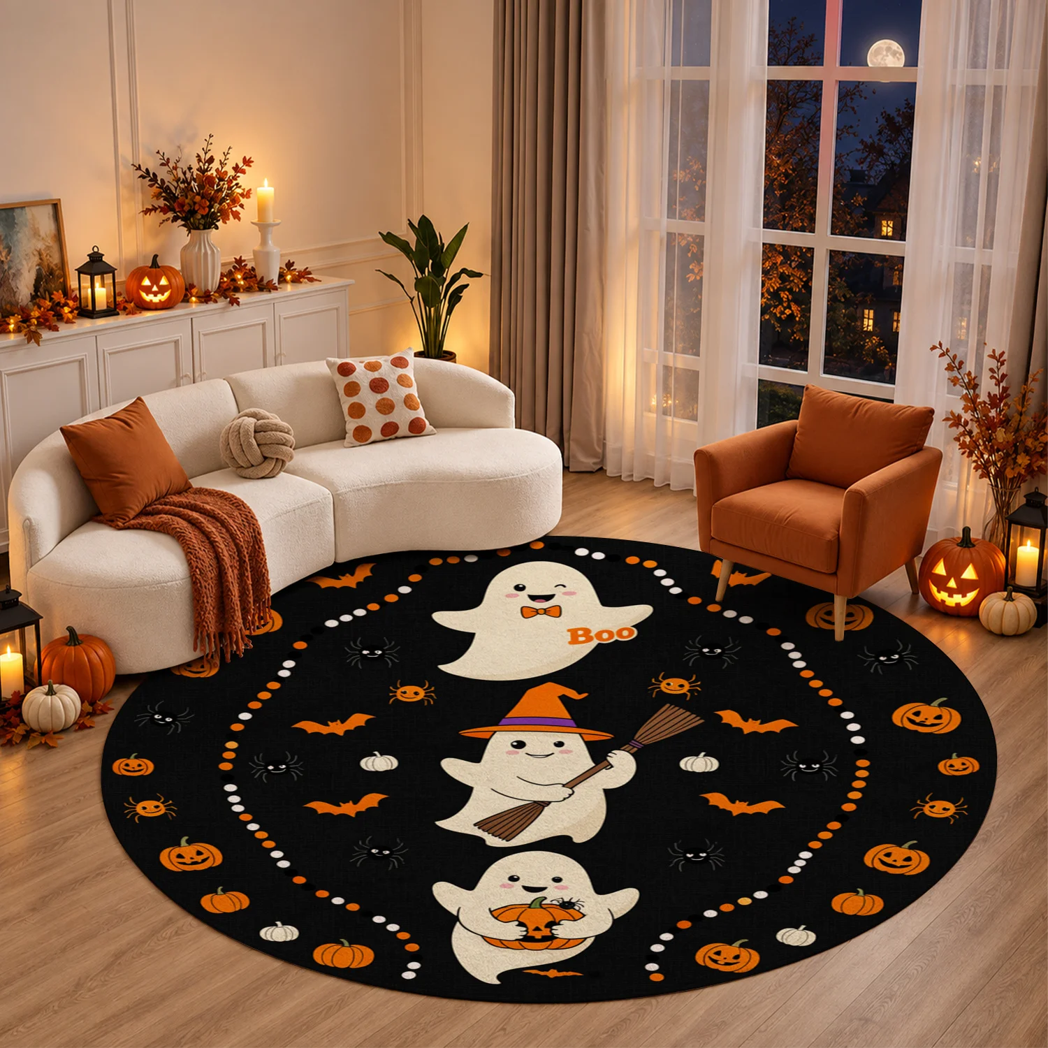 Cute Halloween Ghosts Pumpkins Bats Spiders Round Pattern Soft Velvet Decor Round Area Rug Machine Washable Stable Placement for Living Room Bedroom Entryway Dining Room Ideal for Halloween Thanksgiving Black Friday Cyber Monday Christmas New Year