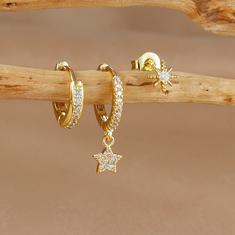 3 STKS Goud Zilver Kleur Ster Maan Hangende Oorbellen Set voor Vrouwen Sierlijke Zirkoon Rvs Huggie Dangle Oorbellen Sieraden