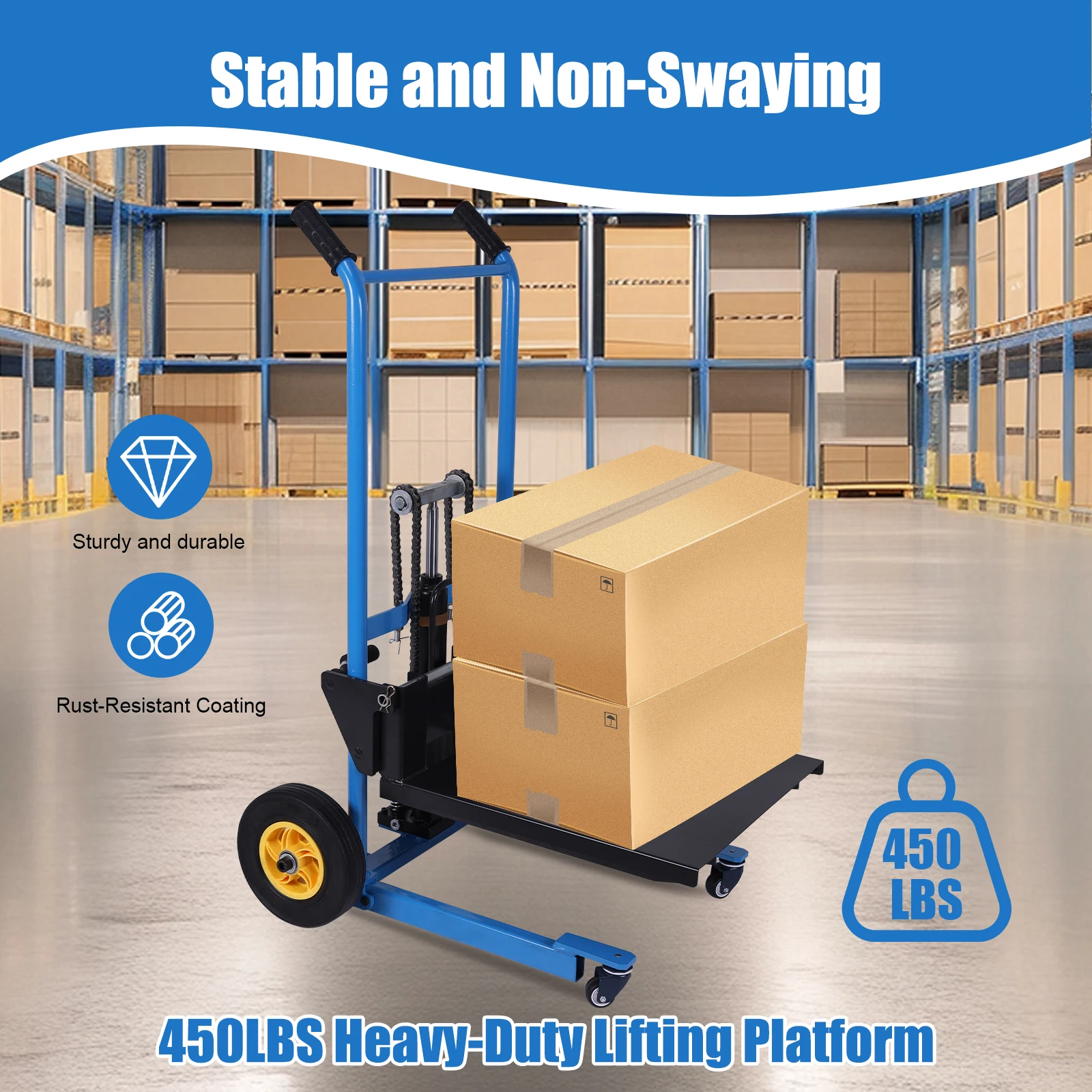 

Universal Wheels Manual Forklift Material Stacker 450 Lbs Foldable Hydraulic Material Lift for Construction Warehousing and DIY