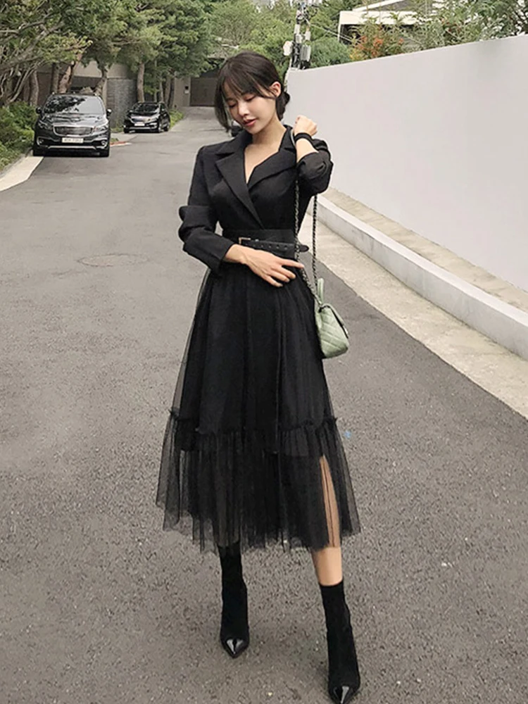 Fashion Korean Women Dress Chic Black Temperament Formal Vintage Casual Belt Slim Midi Party Club Prom Robe Femme Mujer Vestidos