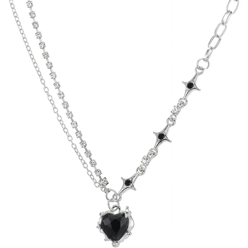 

Y2K Heart Diamond Necklace, Aesthetic Punk Heart Crystal Pendant Necklace Asymmetric Rhinestone Star Neck Chain