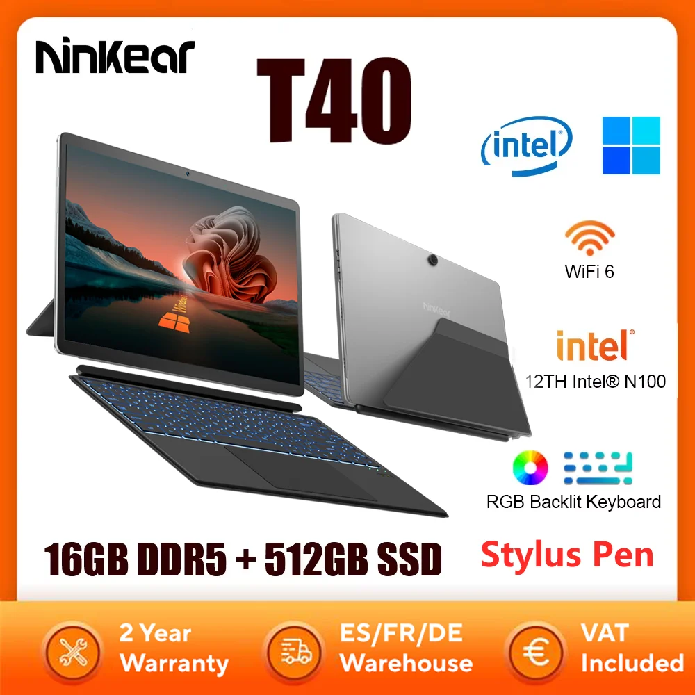 Ninkear T40 portátil 2 en 1 pantalla táctil tableta Intel N100 14 pulgadas FHD 16GB DDR5 512GB SSD ordenador portátil Wifi 6 RGB retroiluminado