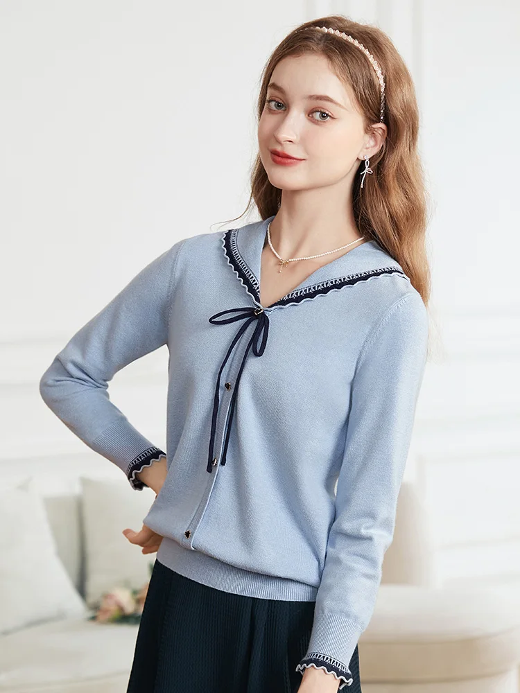 I BELIEVE YOU Sweater Women 2023 Autumn Blue Peter Pan Collar Long Sleeve New Chic Beautiful Solid Bow Lace-up Shirt 2233125242