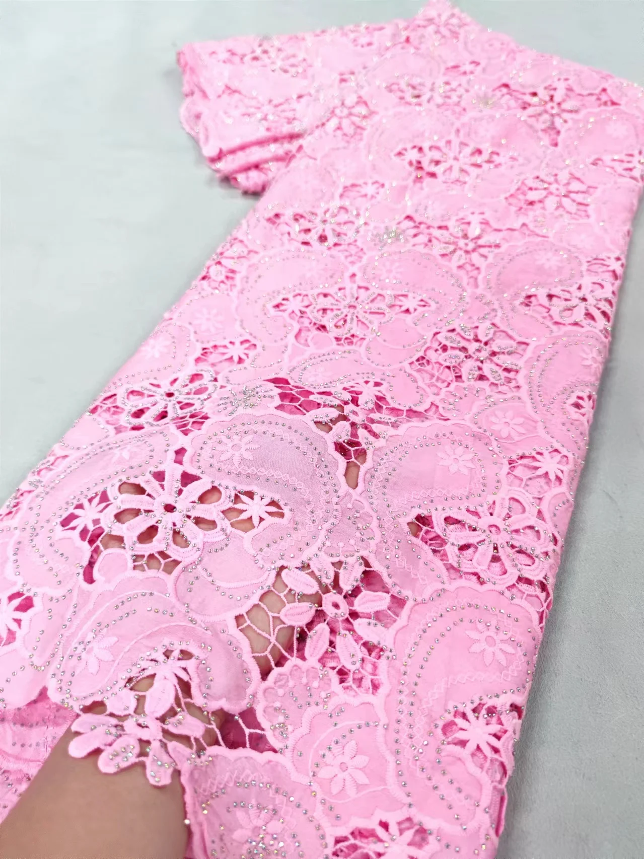 African Lace Fabric 2024 High Quality 5Yard Fashion Chiffon Guipure Lace Fabric with Stone Beautiful Nigerian Evening Dress Q2-1