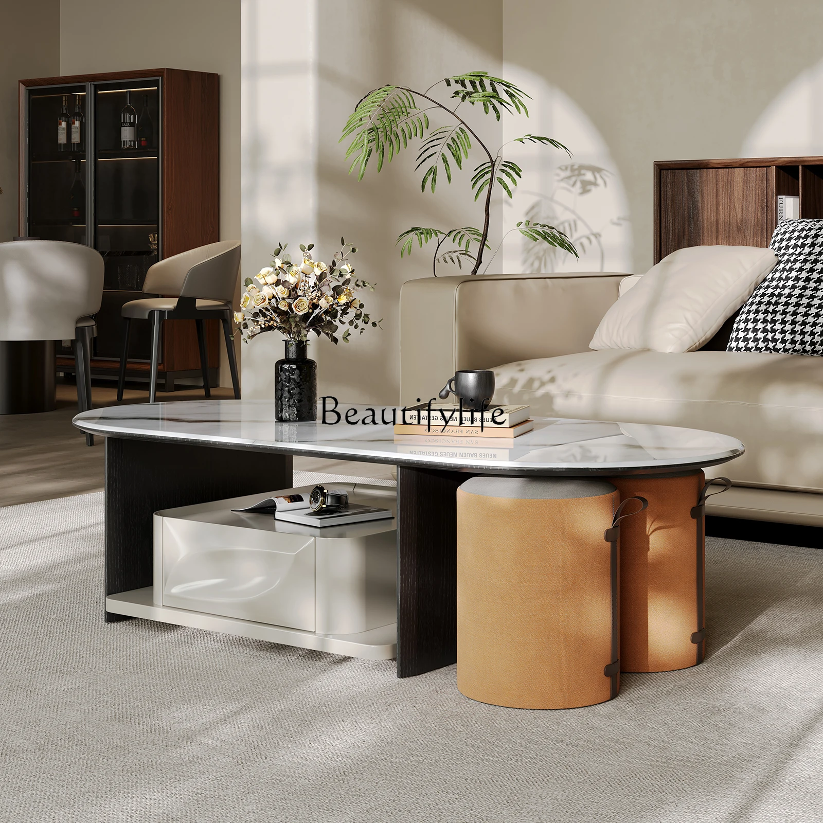 

Wabi sand wind microcrystalline stone coffee table living room tea table oval modern simplicity