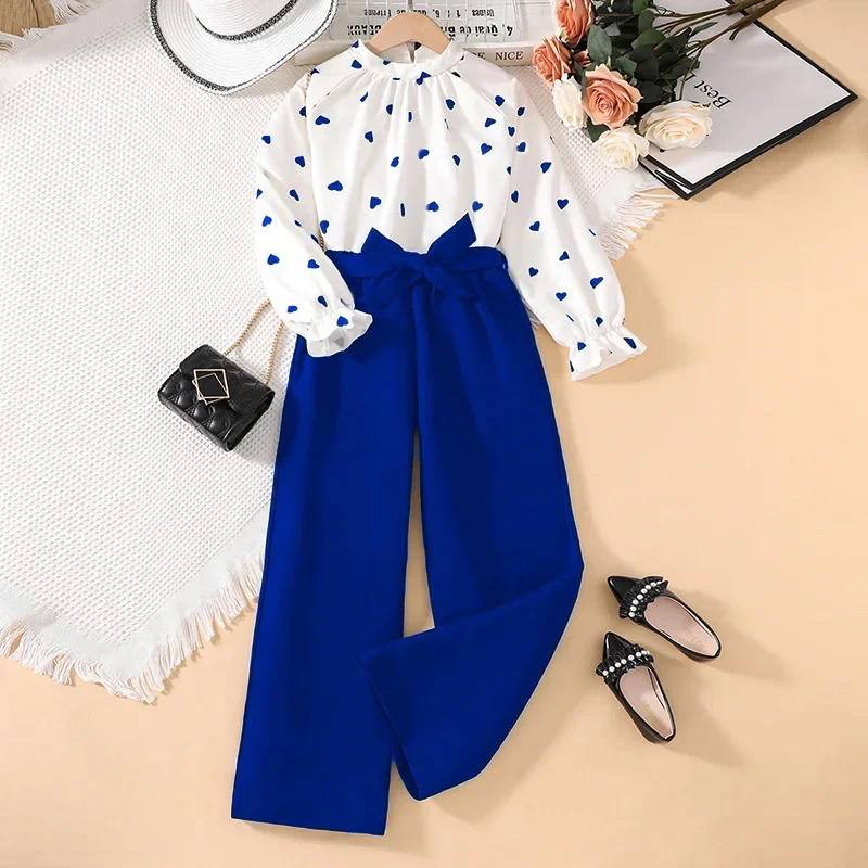 Frühlingsset für große Mädchen – Langarm-Outfit mit Herz-Aufdruck für 7–12 Jahre, Kinder im europäischen Stil, Großhandel für Baby-Mädchen-Outfit-Set