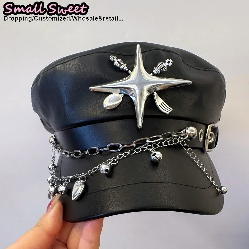 

Gothic Lolita Women Men Punk Streetwear Unisex style Harajuku Hat spoon tableware Biker beret subculture Streetwear Leather Cap