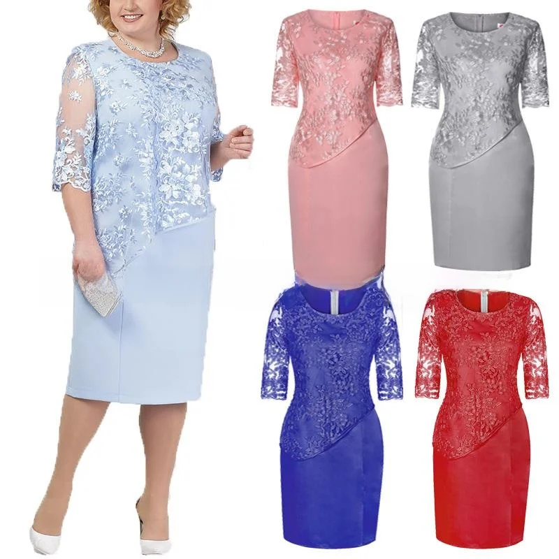 

plus Size Women's Elegant Lace Splice Dress Midi Sleeve Long Dress Citywalk A-Line Silhouette round Neck Long Skirt