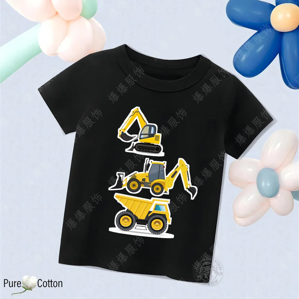 New children's T-shirt 2D cartoon car print boy T-shirt Toy excavator clothing short sleeve T-shirt pure cotton round neck tops