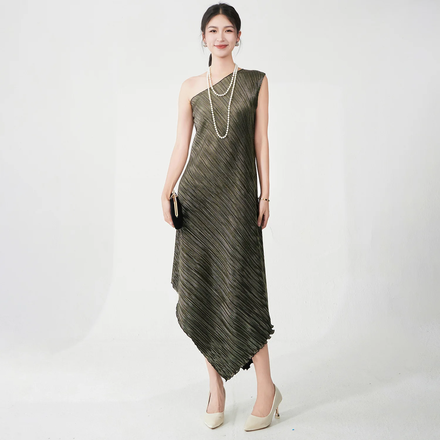 Ele Casual Long Dr Polyester Fabric Regular Sve Asymmetrical Hemline Loose Waist Sle Faionable Middle-aged Women