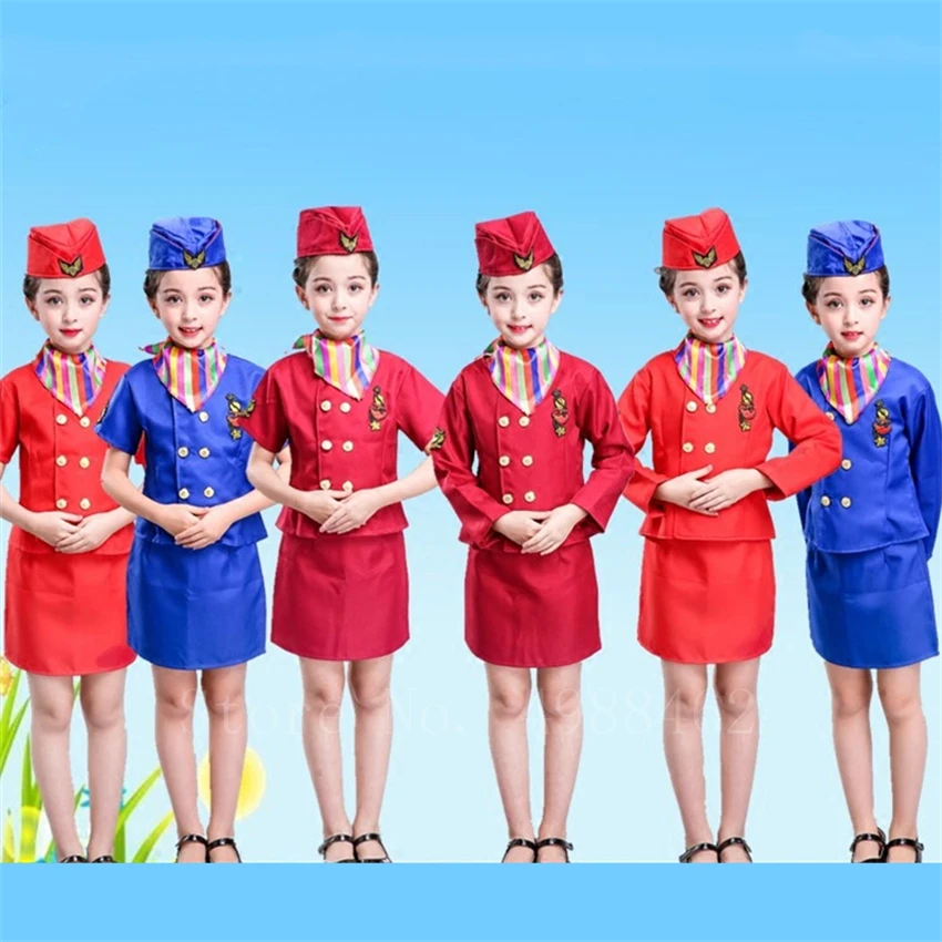 Kids Flight Attendent Cosplay Costumes Girls Stewardess Airline Service Uniforms Halloween Party Performance Clothing Set