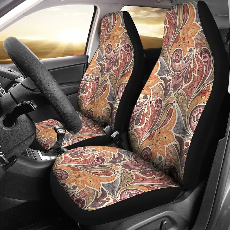 Par de fundas de asiento de coche de decoración marrón, naranja y rojo, 2 fundas de asiento delantero, Protector de asiento de coche, accesorios de coche